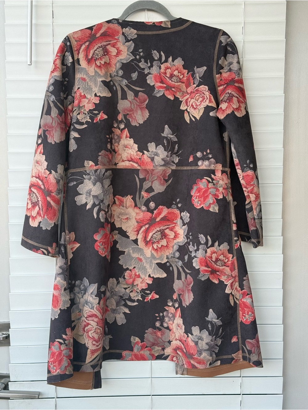 Solitaire Anthropologie Floral Faux Suede Open Front Duster Jacket Coat S Boho - Picture 13 of 13